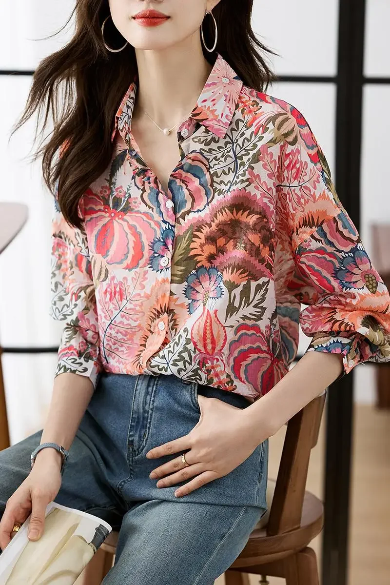 Schicke Mode Frühling Herbst neue Frauen Revers Farbdruck dünne Chiffon Shirt Tops Bluse y2k Streetwear Camisas