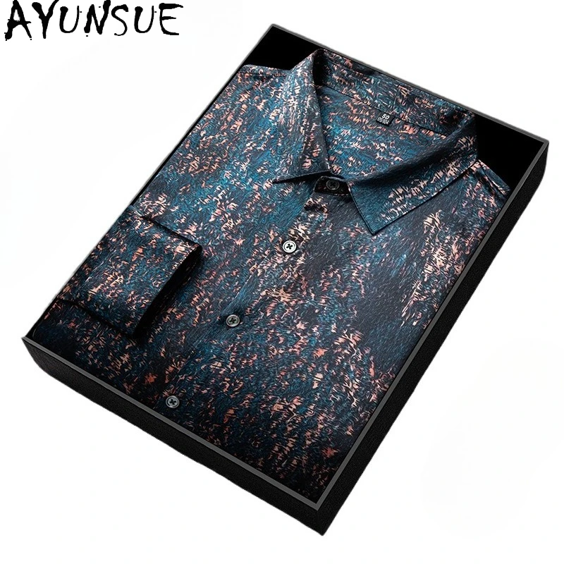 

Мужские рубашки AYUNSUE из 93% натурального шелка тутового шелкопряда, весна-лето 2026, модные рубашки с принтом и длинным рукавом, мужская одежда, повседневные шелковые топы