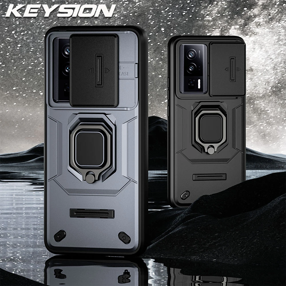 

KEYSION Shockproof Armor Case for Xiaomi POCO F5 Pro Slide Camera Lens Protection Ring Stand Phone Back Cover for POCO F5 F5 Pro