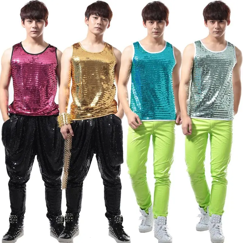 

Idopy Fashion Mens Night Club Shiny T-shirt Sleeveless Slim Fit T-shirt With Homme DJ Singer Sequin Metallic Tee