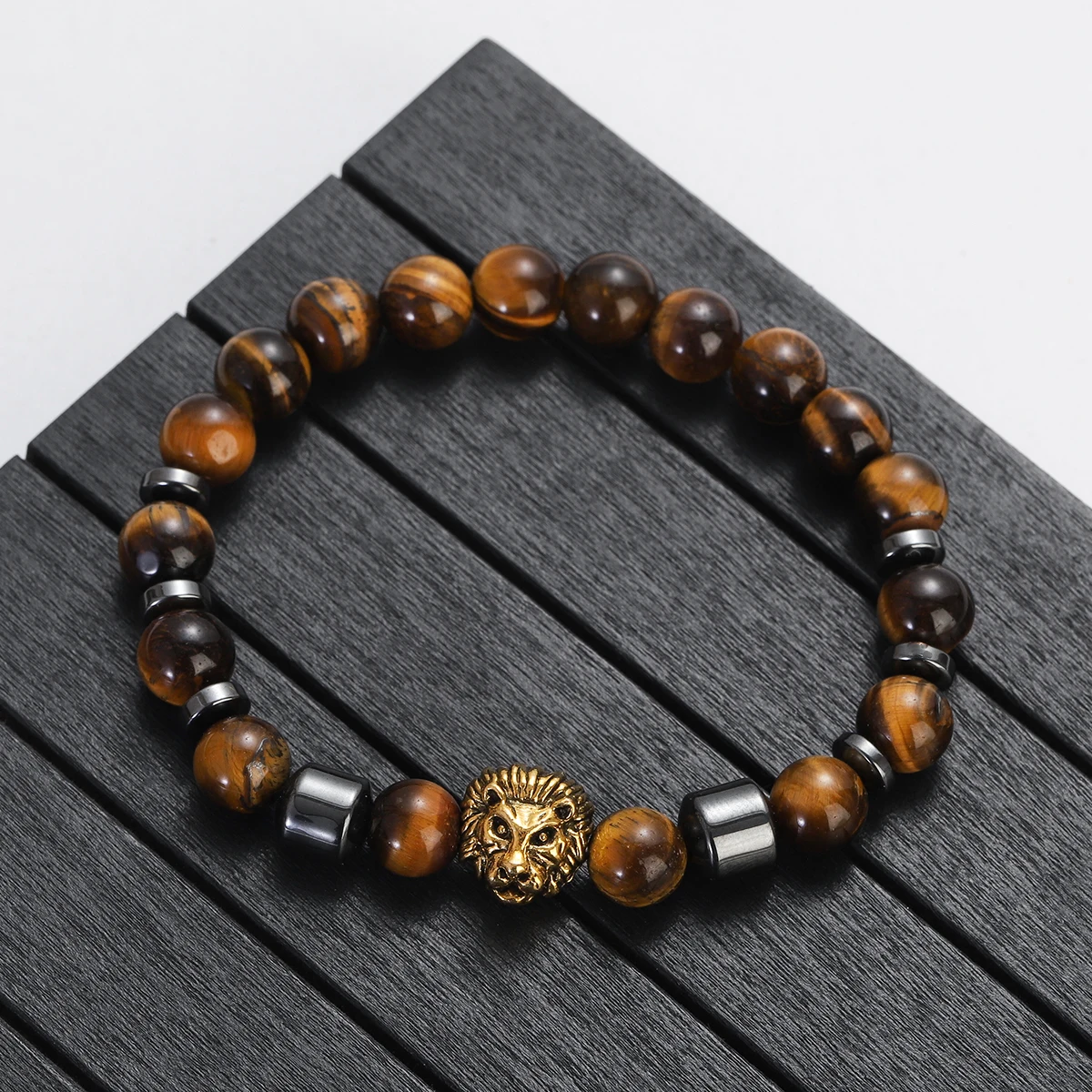 Men Natural Tiger Eye Stone Bracelet Hematite Beads Couple Bracelets for Women Lion Head Charm Bracelets Jewelry Gift