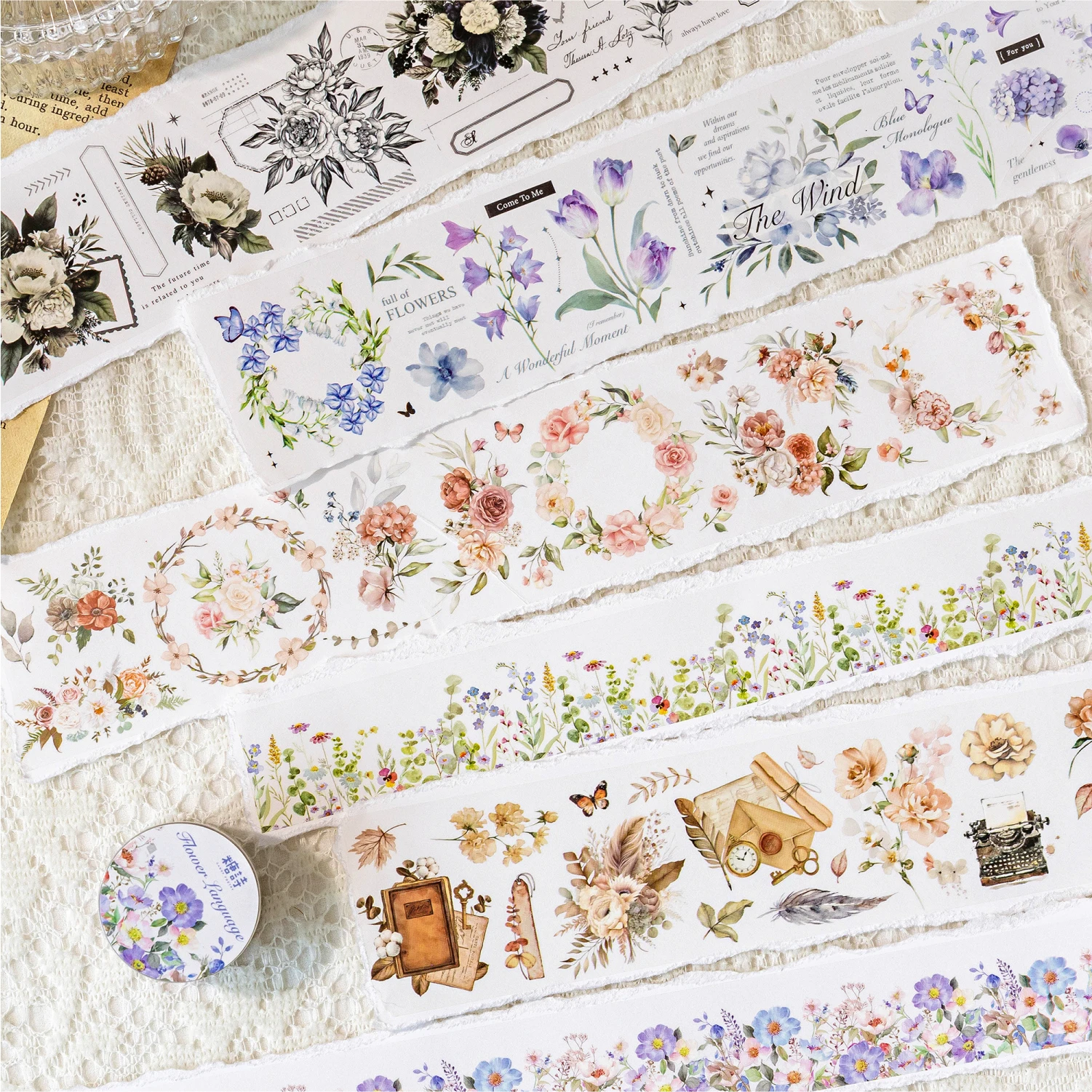 200cm/roll PET Tape Garland Tape Flower Theme Notebook Journal Border Collage Material DIY Mobile Greeting Card Cup Decoration