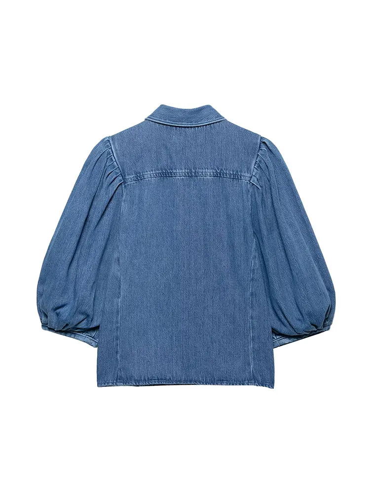 2025 Spring Summer Casual Women's Denim Blouse V-Neck Single Breasted Loose Blouse New Fashion Shirts