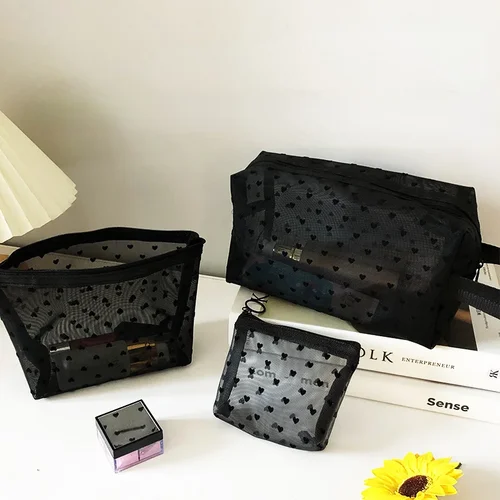 Imagen 2 del producto Bolsa de cosméticos de malla de nailon en forma de corazón, organizador de artículos de tocador portátil, bolsa de maquillaje multifuncional para mujer, lápiz labial, monedero, bolsa
