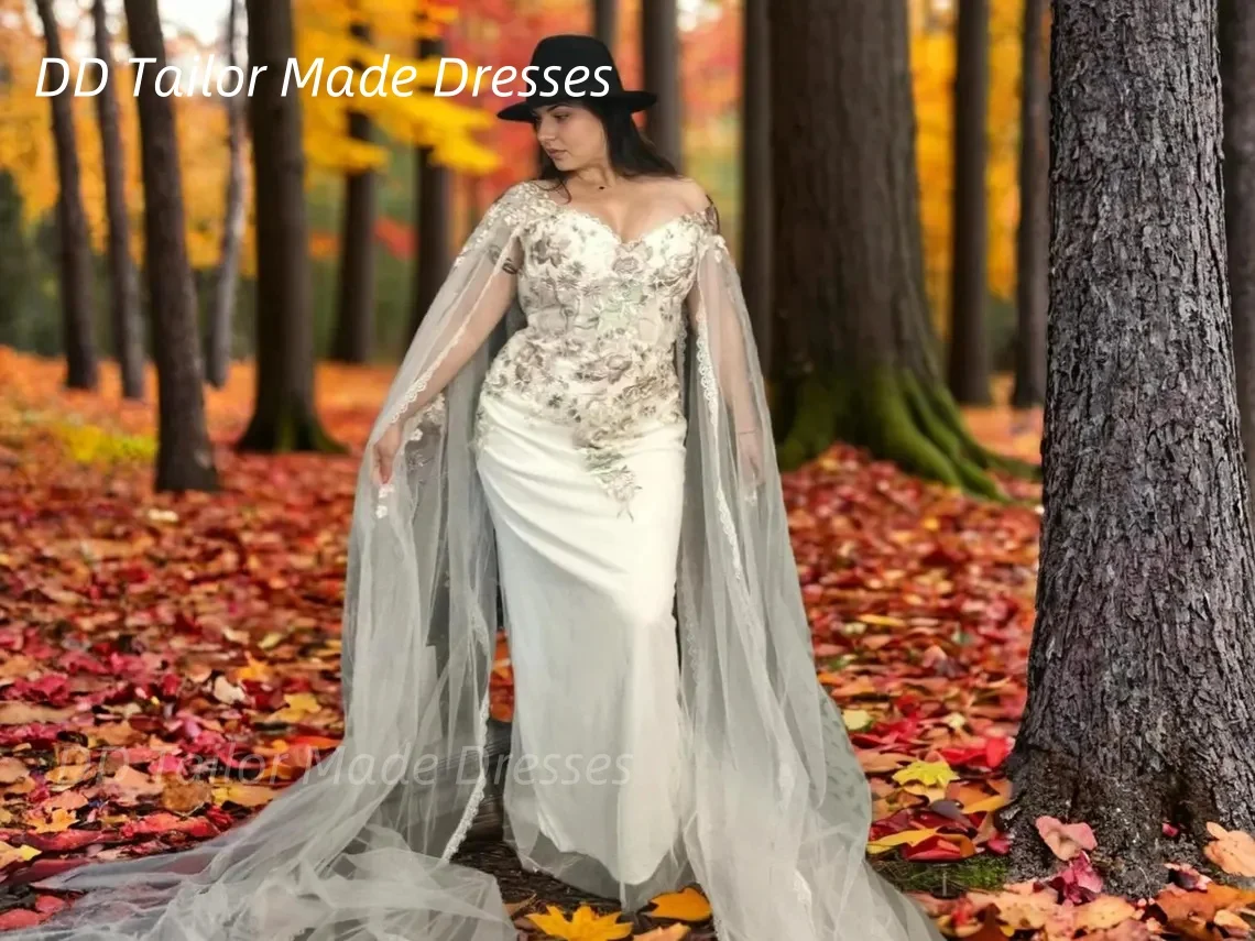 Feenhaftes Brautkleid mit floraler Spitze und Applikation, lange Cape-Ärmel, Boho-Brautkleid, maßgeschneidertes Forest Country Robe De Mariée