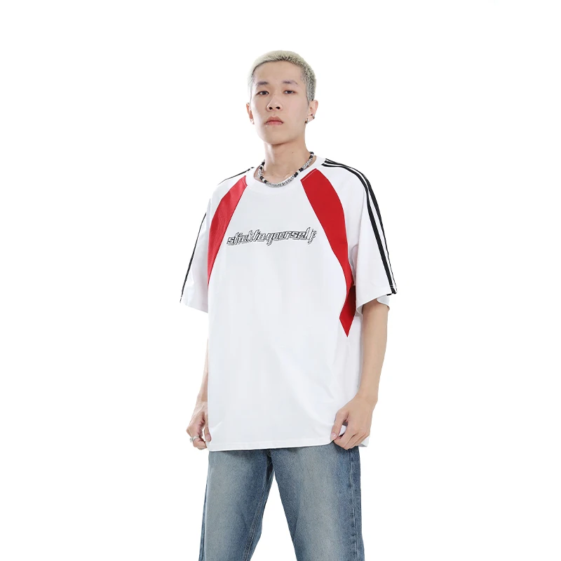 

Men Letter Embroidery Splice Streetwear Hip Hop Loose Casual Short Sleeve T-shirts Women Oversize Tshirt Couple T Shirt Tops