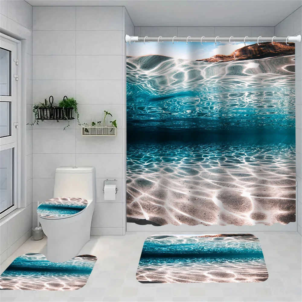 1/4 Sea water waves shower Curtains, Toilet Seat Decoration, Shower Curtain with Carpet and Toilet Lid, 12 70.8x70.8 inch Hooks