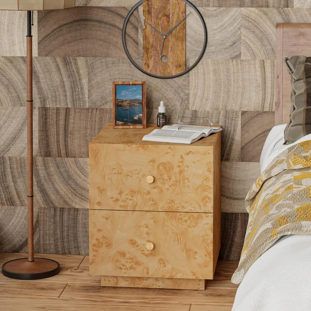 

Modern 2 Drawer Nightstand with Elegant Burl Finish, Wood Bedside Table with Storage, Stylish Accent Side Table, Customized