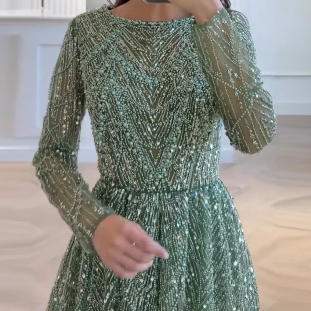 高級Aラインロングスリーブビーズ装飾フォーマルプロムウェディングパーティガウン、女性用エレガントムスリムパールイブニングドレス2025、カスタムメイド