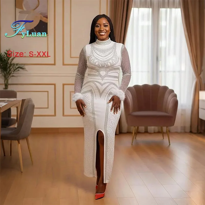 Long Sleeve Gown Women‘s Long Dress Round Neck Hot Diamond Bodycon Dress Hem Split Slim Maxi Dress Lady Elegant Evening Clothes