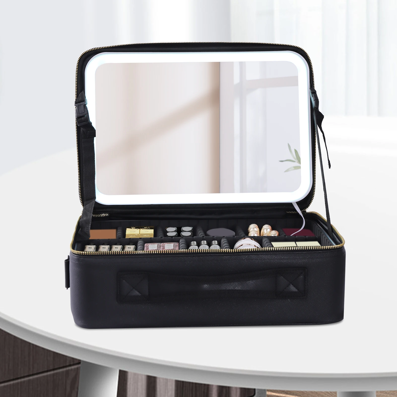 Makeup Train Case with LED Lights, Waterproof PU Material, Large Capacity for Cosmetics & Skincare, Adjustable Brightness,