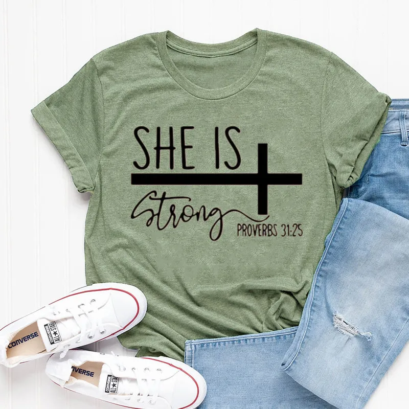She is Strong Proverbs 31:25 Shirt, Religious Christian Strong Women  Religious Christian Gift O neck shirt Ladies Drop shipping