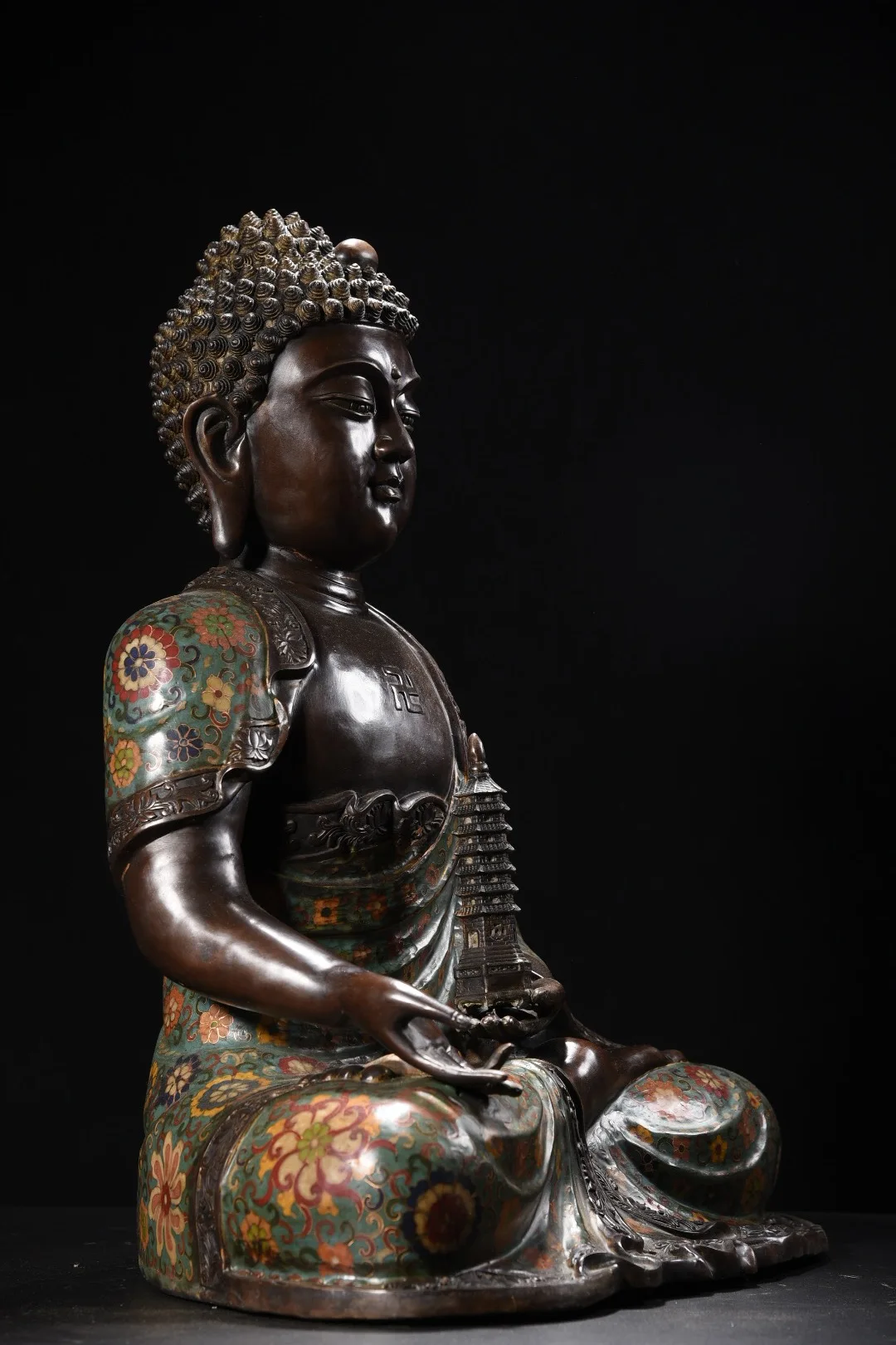 

22"Xizang Folk Collection Old Bronze Cloisonne Enamel Parinirvana Lotus Shakyamuni Buddha Pagoda Sitting Buddha Worship Hall