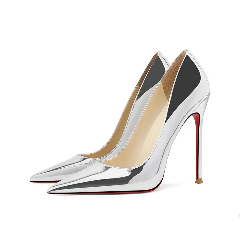 Silver high heels, women's thin heels, new shallow mouthed pointed single shoes, patent leather, large red soled banquet shoes