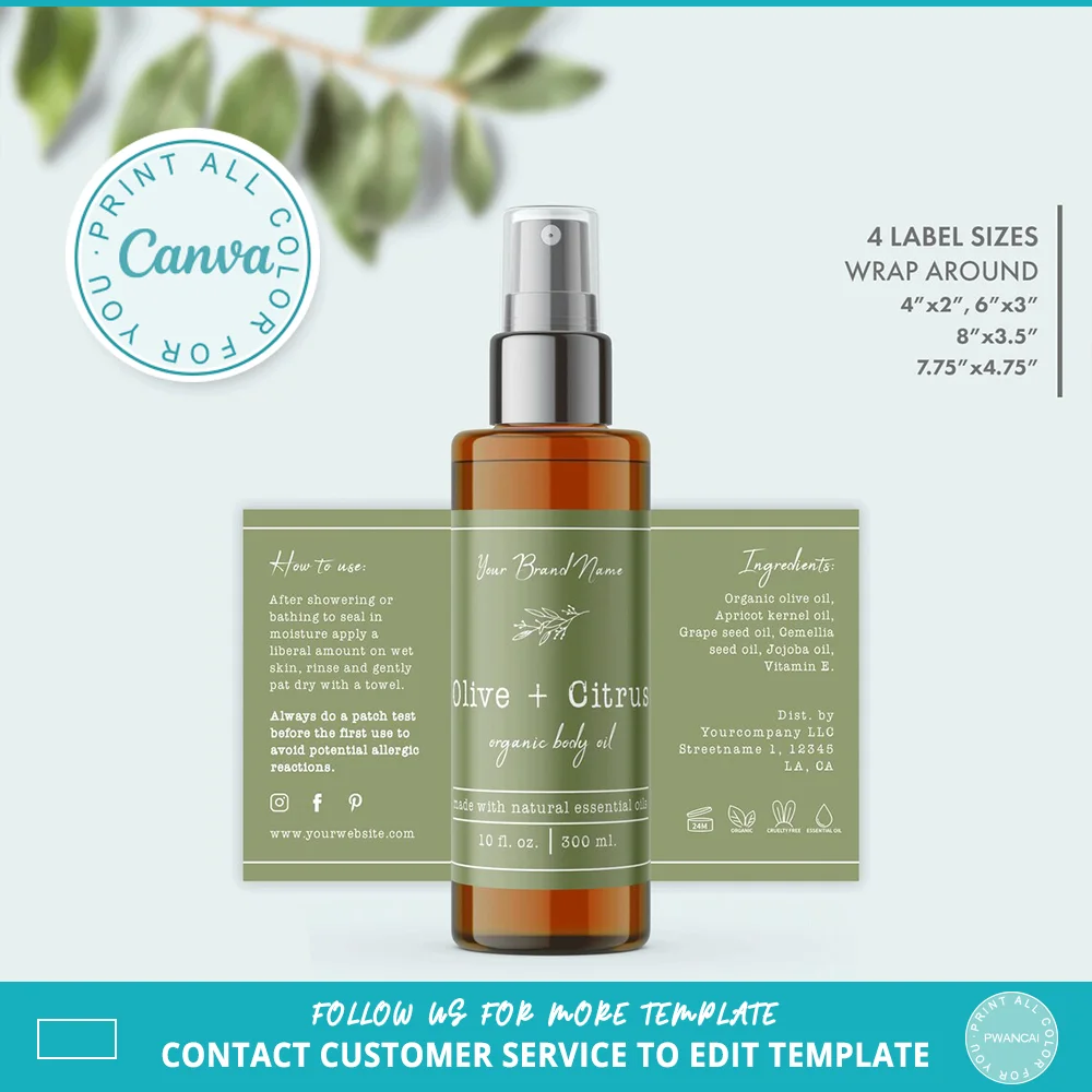 Modelo de Rótulo de Produto Corporal Floral Editável, Rótulos Cosméticos Rústicos DIY, Design de Rótulo para Óleo Corporal, Loção e Shampoo