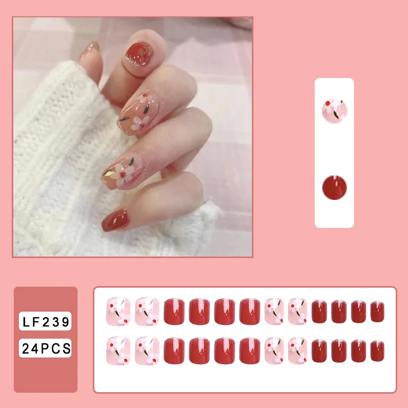 24pcs/Box Packaging Short Press On False Nails Cute Nail Art Wearable Fake Nails Heart Tips With Glue and Sticker Wearing Tools