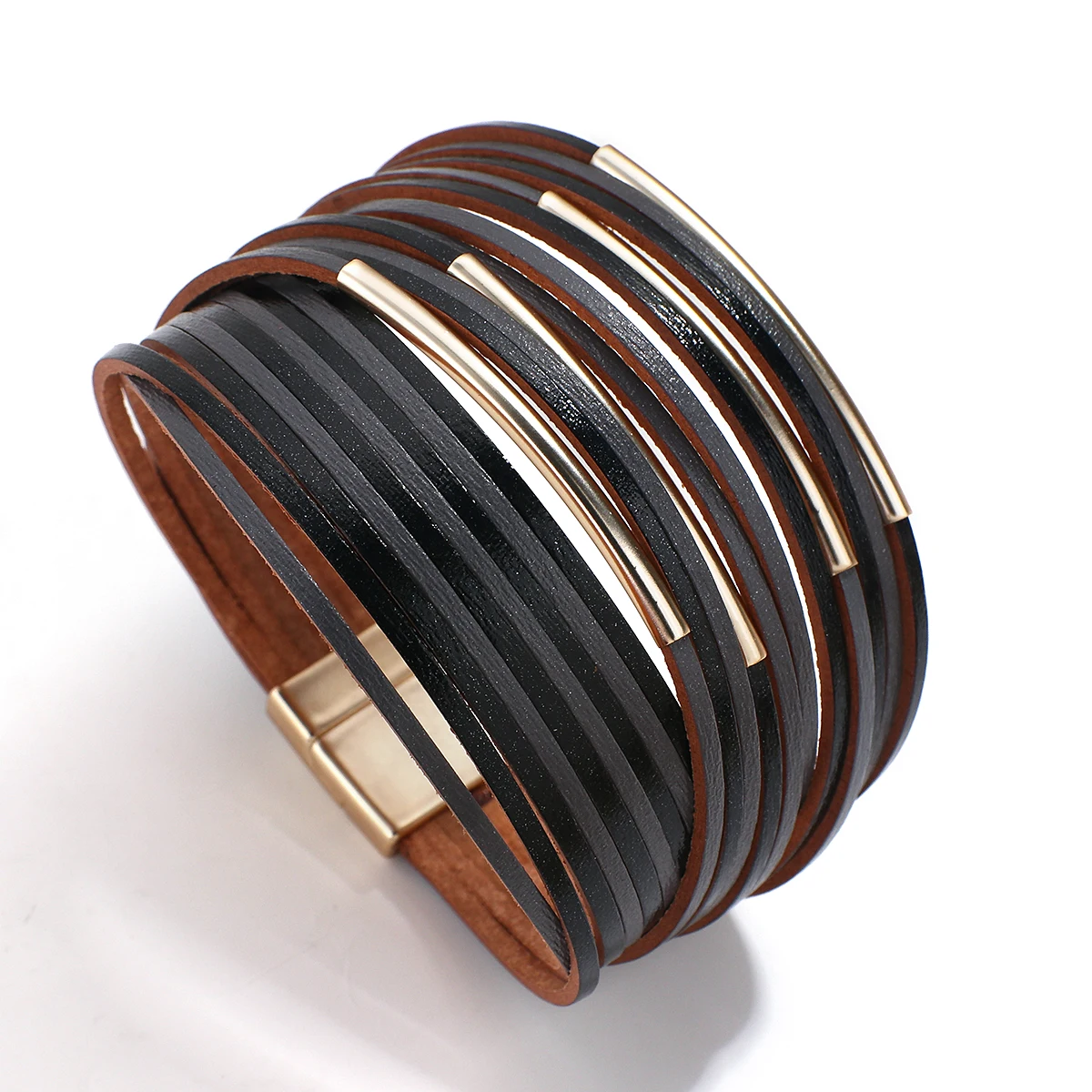 

Amorcome Boho Multilayer Leather Bracelet for Women Men Curved Metal Bar Open Wrap Wide Bracelets Summer Jewelry Holiday Gift