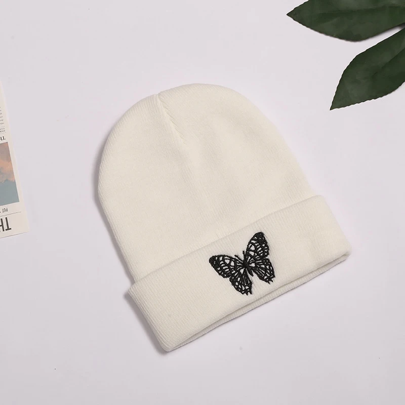 Beanie HatButterfly Embroidery Women Autumn and Winter Black White Embroidery Knitted Hats Skullies For Men and Women Hip Hop