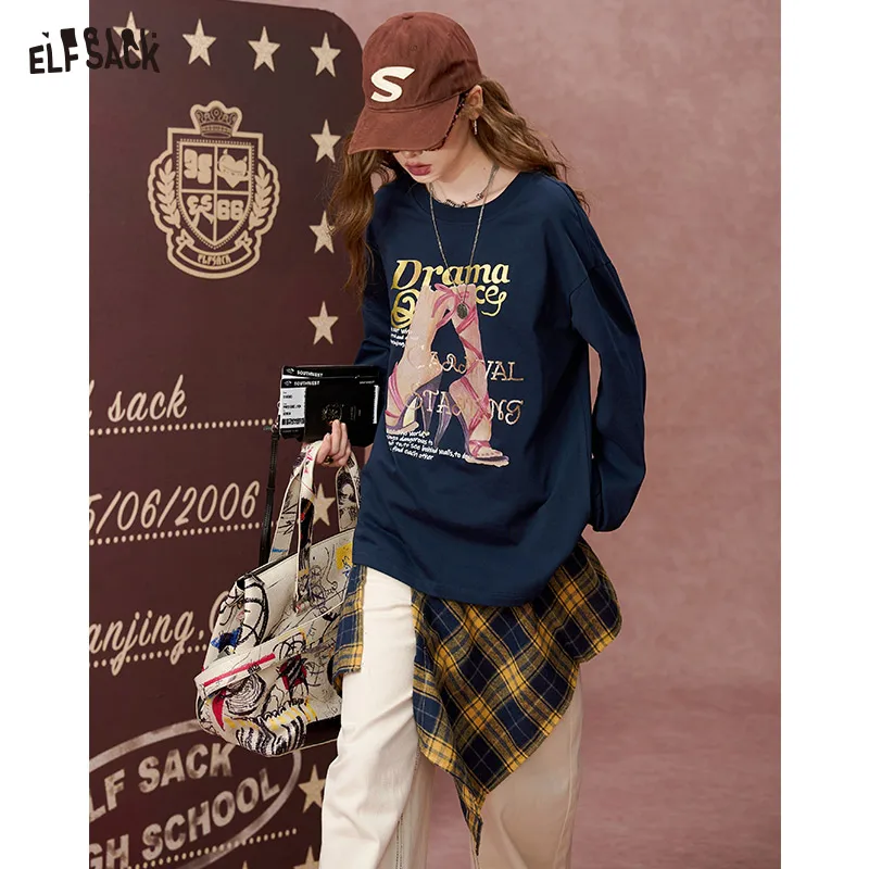 ELFSACK 2024 Autumn New Arrivals Round neck printed loose long sleeved T-shirt for women, casual top