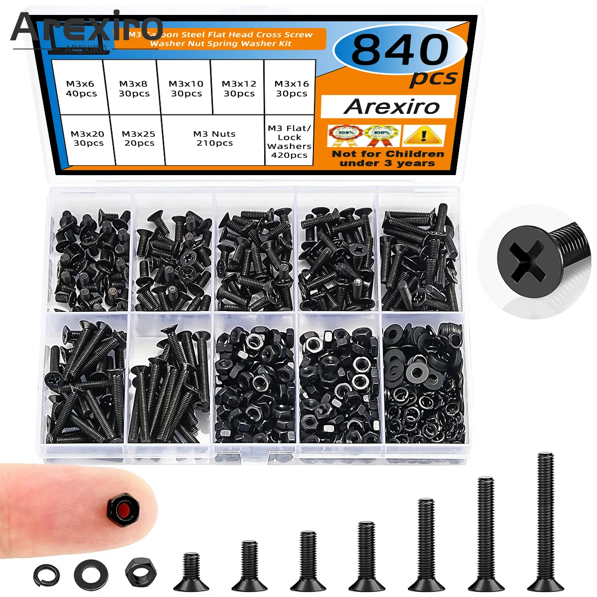 

840 pieces of M3 countersunk screws, M3 flat head screws, cross bolt nut washer combination kit, galvanized, length 6MM-25mm