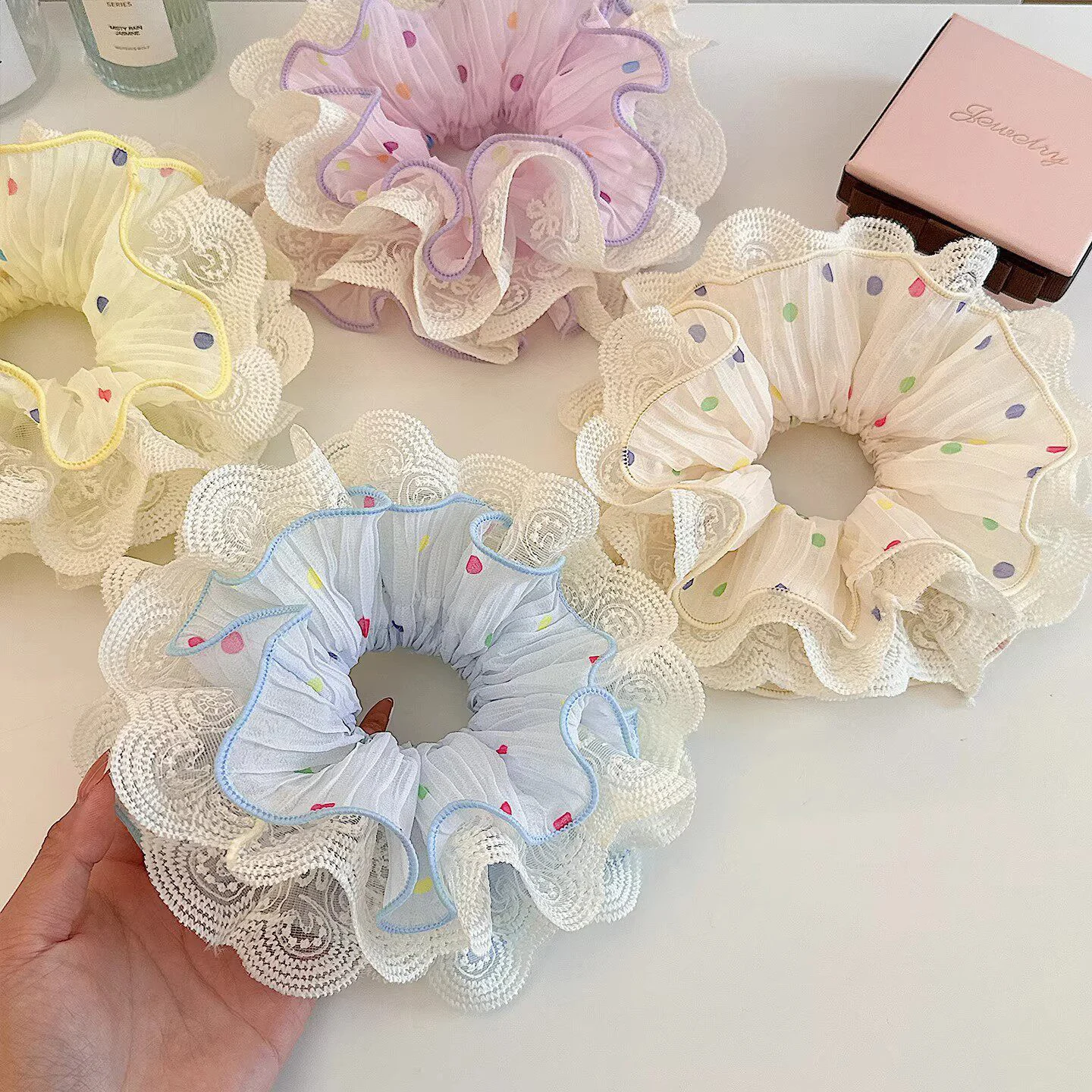 

Резинки для волос Candy Color с многослойным кружевом и принтом в горошек для женщин: милые, большие, летние, для хвоста, украшение для волос