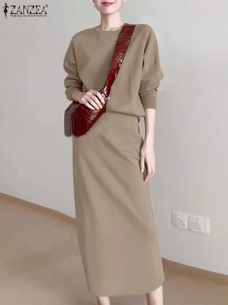 

ZANZEA 2024 Fall Loose Casual Skirt Sets Solid Raglan Sleeve Sweatshirt Midi Skirt Women Dress Sets Korean Style 2pcs Outfits