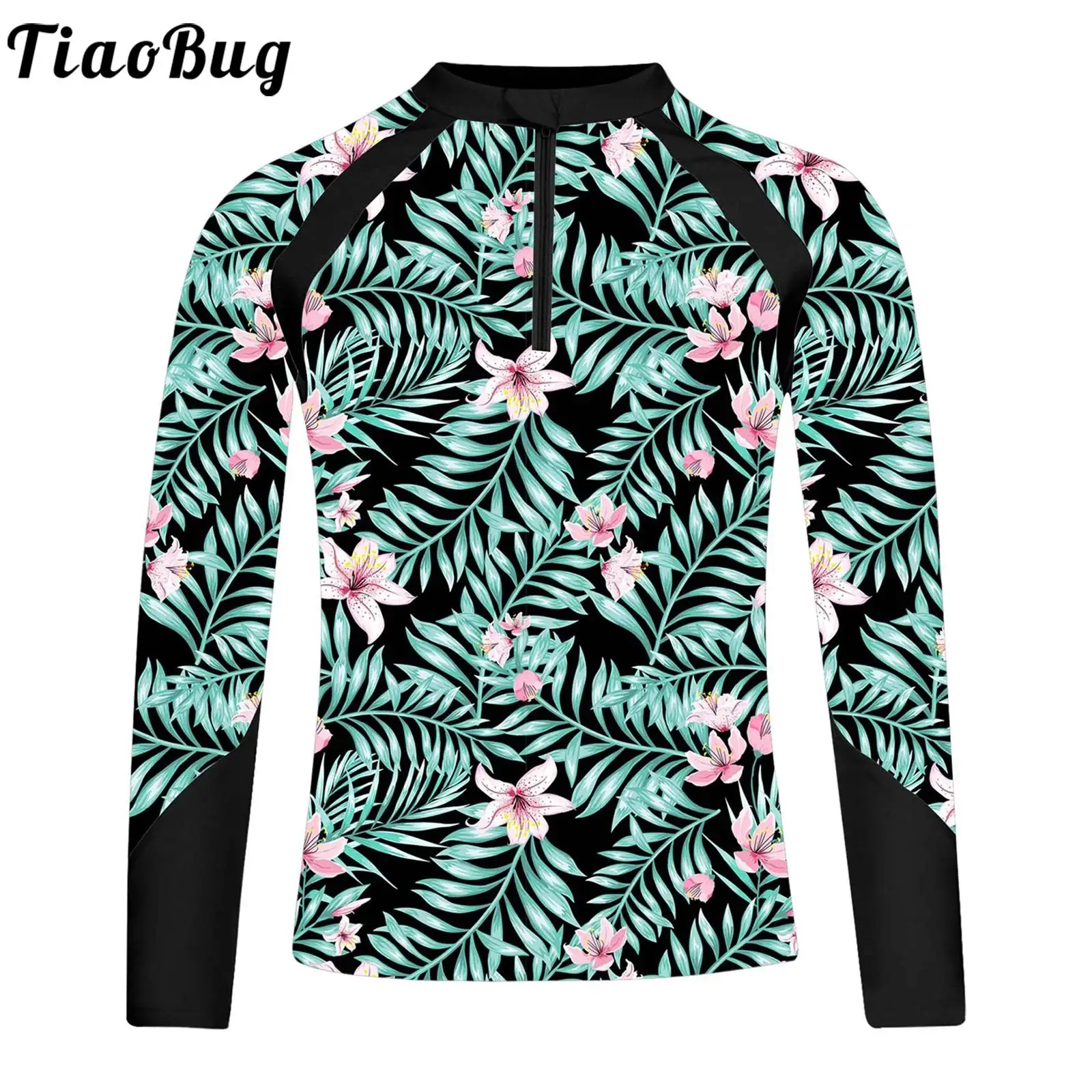 Child Girls Swimsuit Top 6 to 16 Years Old Print Swim Top Mock Neck Long Sleeve Zipper Swimwear for UPF 50+ Surfing Bathing Tops