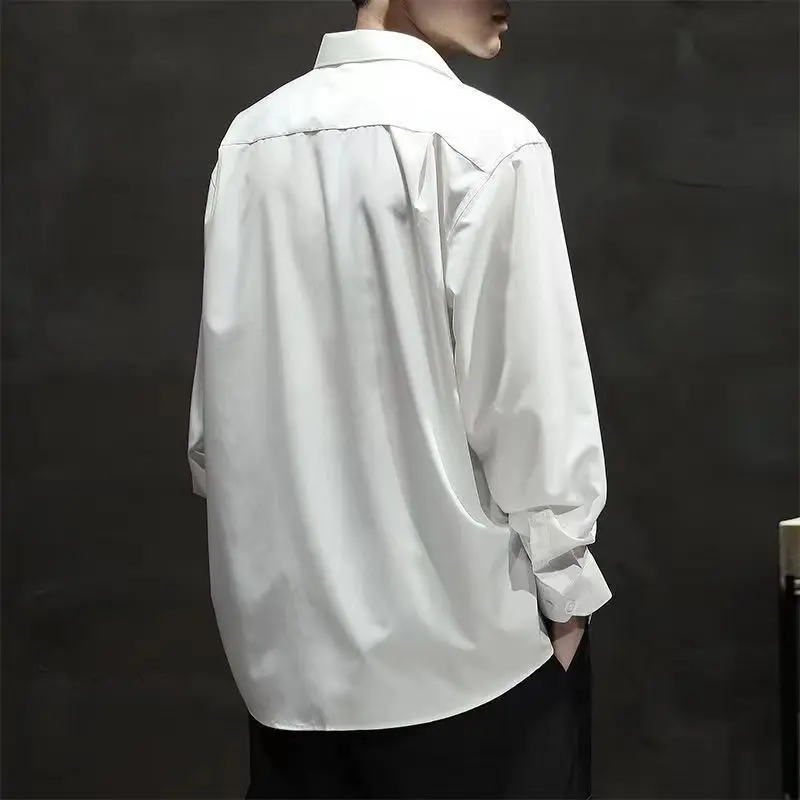 Men's Casual Loose High-end Long-sleeved Shirt Handsome Black Top Work Business Shirt