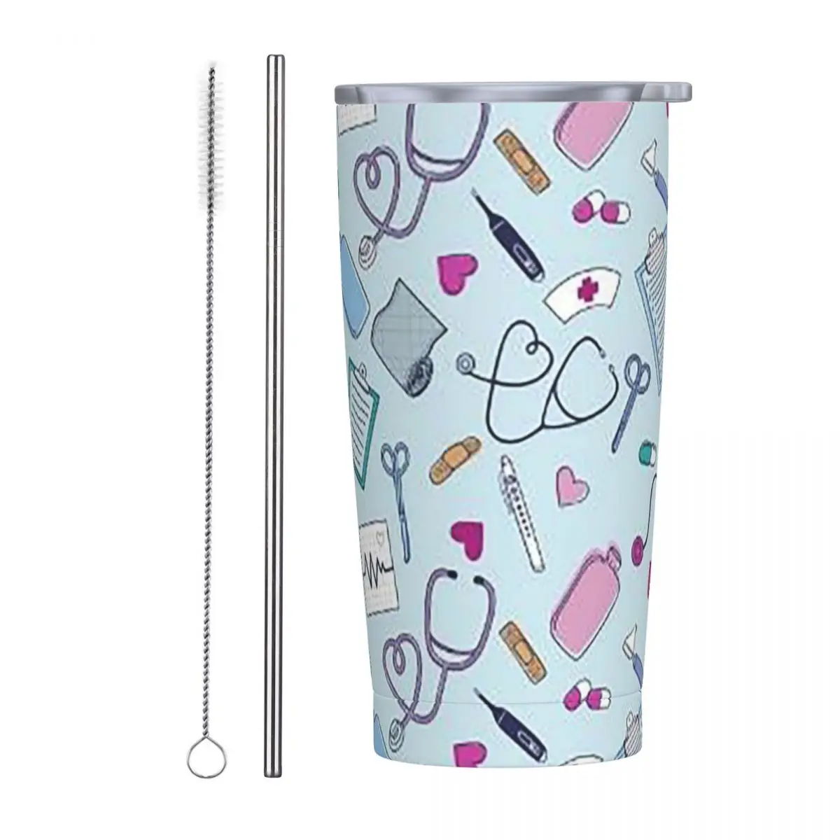 Stethoscope Nurse Doctor EKG Stainless Steel Tumbler Vacuum Insulated Mug Thermal Cold Cup Straws With Lid 20oz