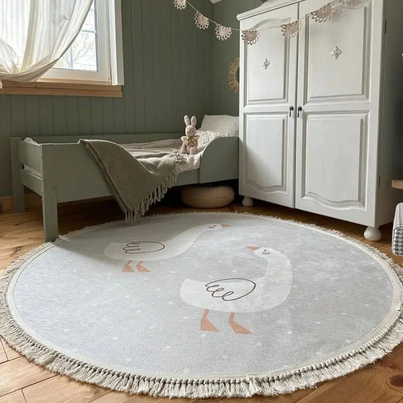 Round Fluffy Carpet For Living Room With Tassels，Goose Hairy Nursery Play Mats For Children,Plush Soft Kids Bedroom Beside Rugs