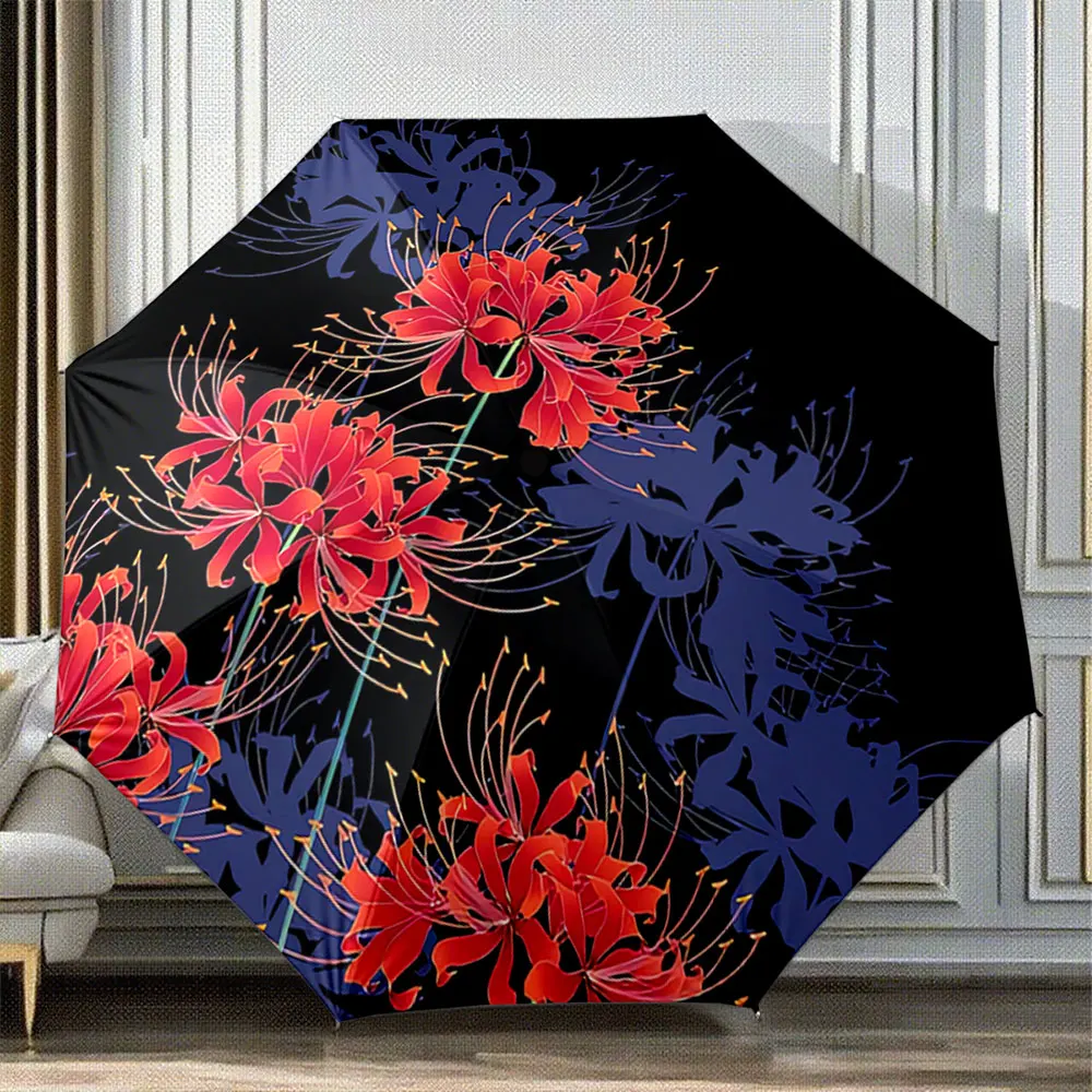 Red and Blue Spider Lilies on Black Background Umbrella Design Portable Folding Umbrella, Gift for Family And Friends