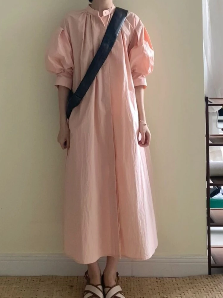 Spódnica koszulowa z krótkim rękawem dla kobiet 2023 lato nowy luźny krój francuska minimalistyczna sukienka długa spódnica