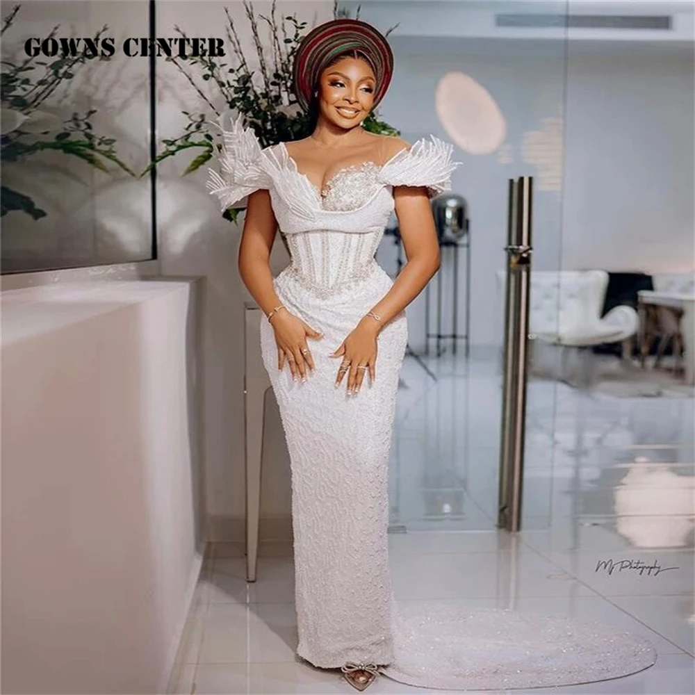 Lindo branco nigeriano formal vestido de noite estilo aso ebi vestidos de recepção de casamento frisado renda vestido de noiva africano personalizado