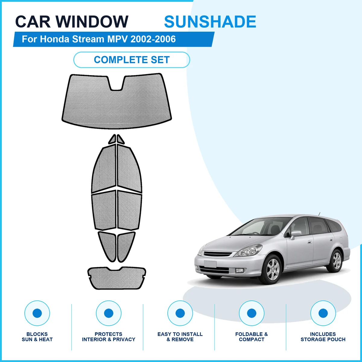 For Honda Stream MPV 2002-2006 Custom Full Set Window Sunshades Aluminum Foil Suction Cup Anti UV Privacy