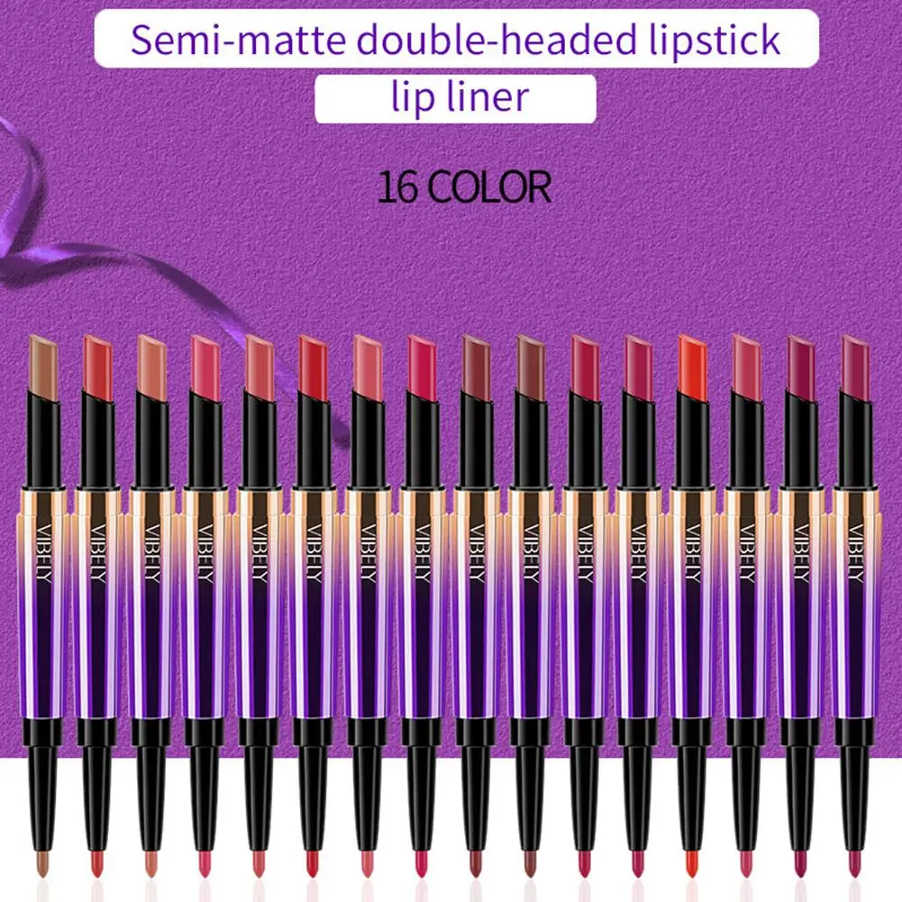 2in1 Dubbele Kop Matte Fluwelen Lippenstift Potlood En Lipliner Waterdichte, Langdurige Make-Up Cosmetica