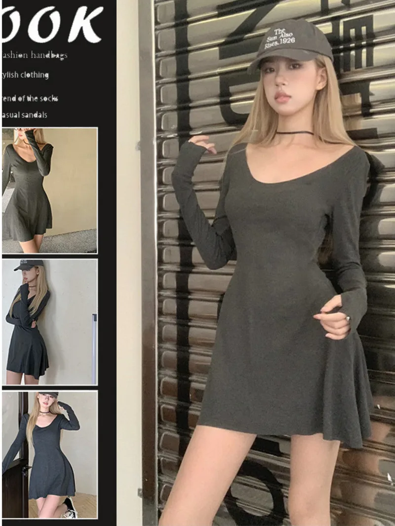 

Design sense niche spicy girl gray pleated long sleeved dress for women with a slim waist Korean version sexy short skirt W1B1