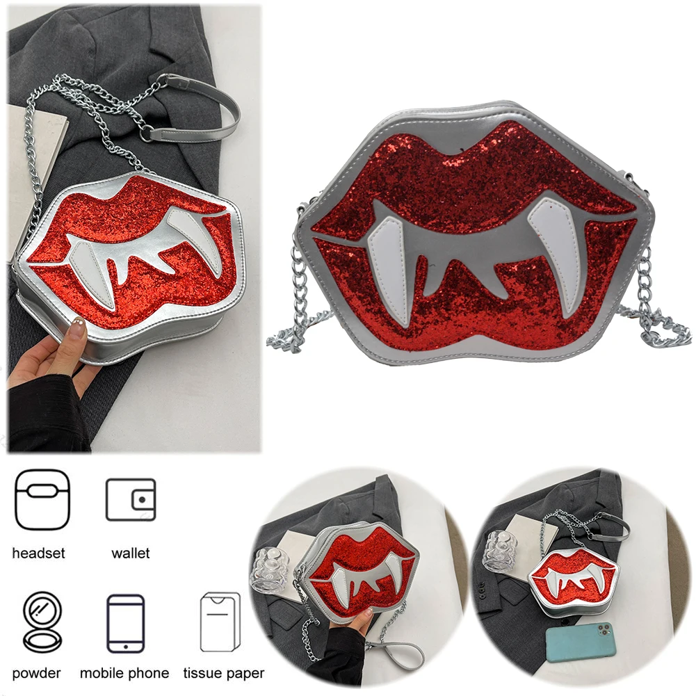 

Women Lip Shape Shoulder Bag PU Leather Funny Vampire Chain Bag Zipper Closure Vampire Lips Shaped Bag Halloween Party Bag