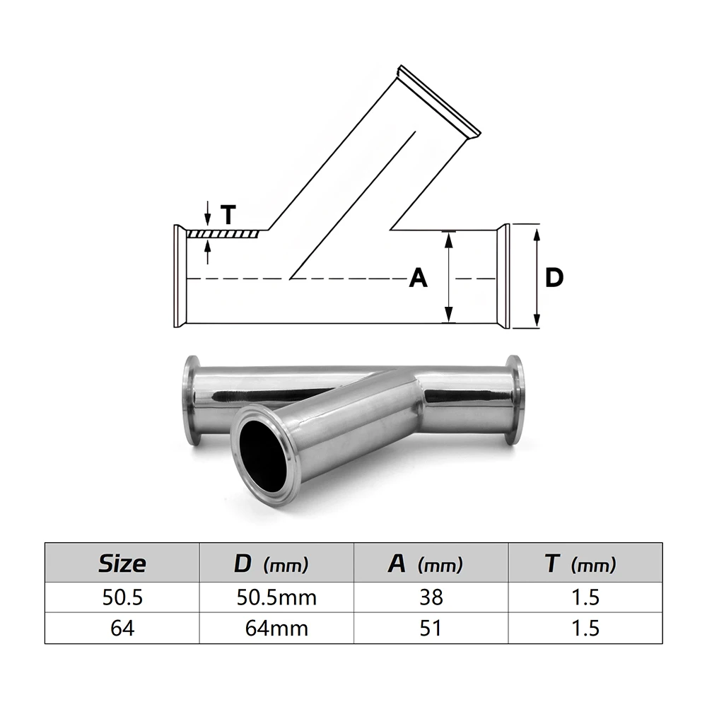 Tri Clamp Inclined Y-Shape 3-Way Splitter - SS304 Corrosion-Resistant Food Grade for 1.5