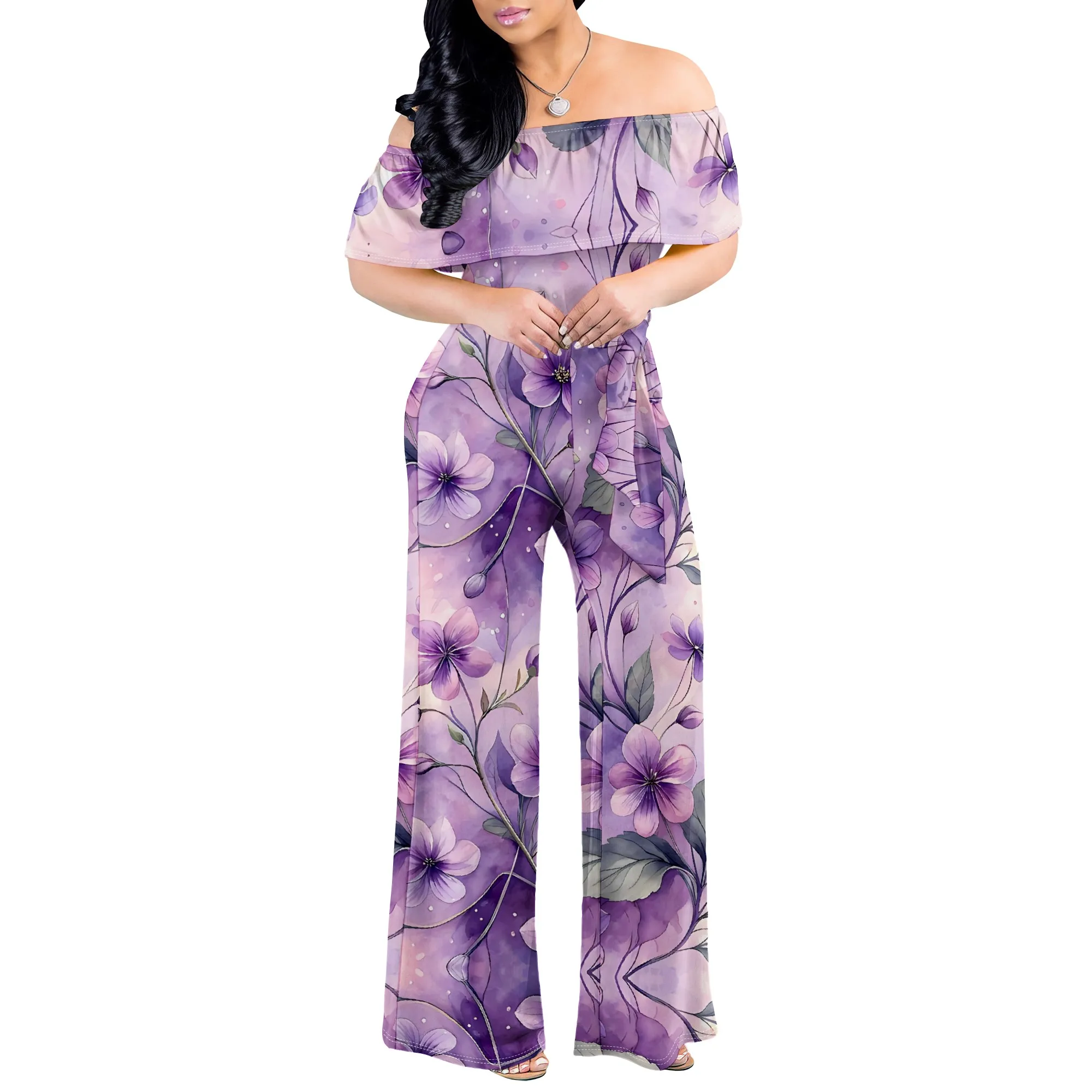 Boho Off Shoulder Jumpsuit for Women Multicolor Stripe Print Wide Leg Romper Festival Beachwear Style