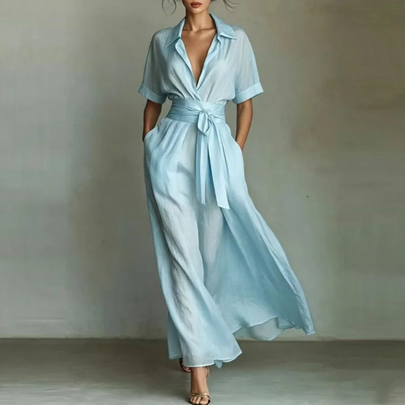 Zomerjurk voor dames, casual, effen, met zakken, losvallend, feestjurk, sexy, hoge taille, strikdetail, lange jurk, revers, korte mouwen, boho-stijl, lente 2026