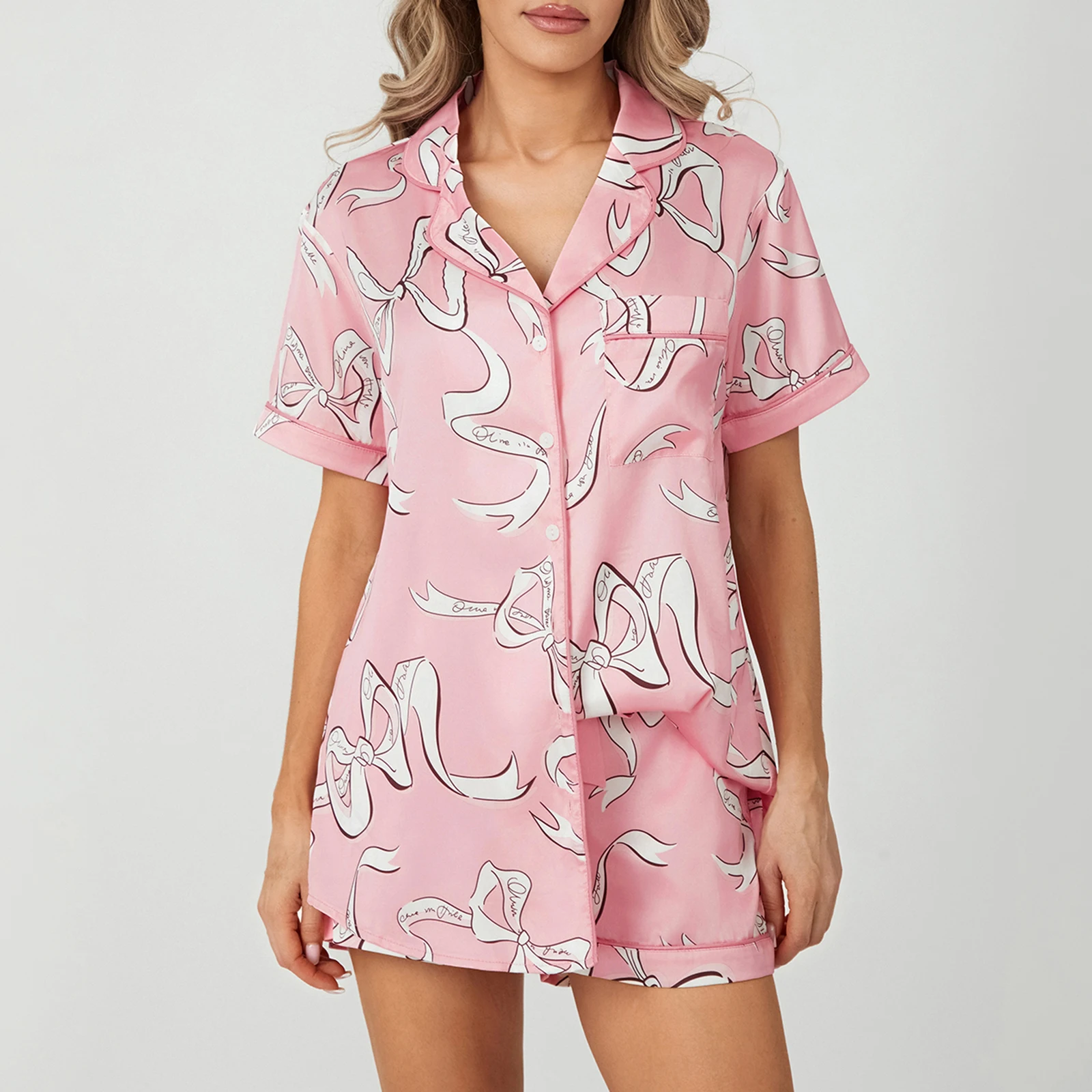 

Women's Summer Satin Pajama Set Cartoon Bow Print Short Sleeve Notched Lapel Tops with Elastic Waist Shorts Set Loungewear