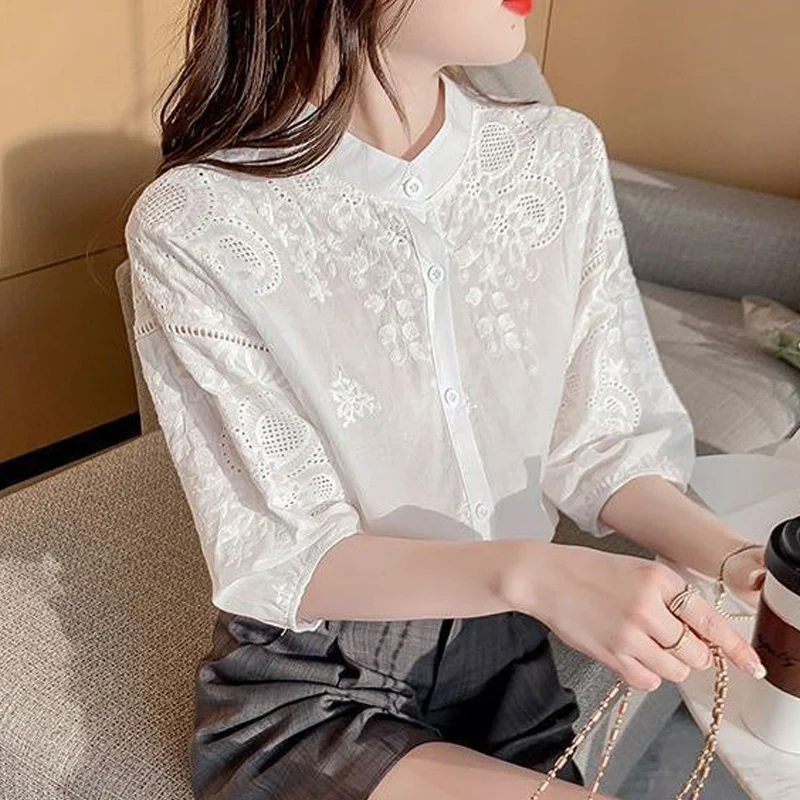 Summer Stand Collar Fashion Half Sleeve Shirt Women Elegant Embroidered Button Patchwork Cardigan Sweet Pure Cotton Chic Tops