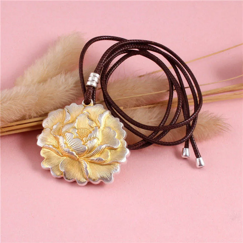 

999 Sterling Silver Gold Plated Peony Pendant Women National Trend Retro Versatile Necklace Valentine's Day Gift For Girlfriend