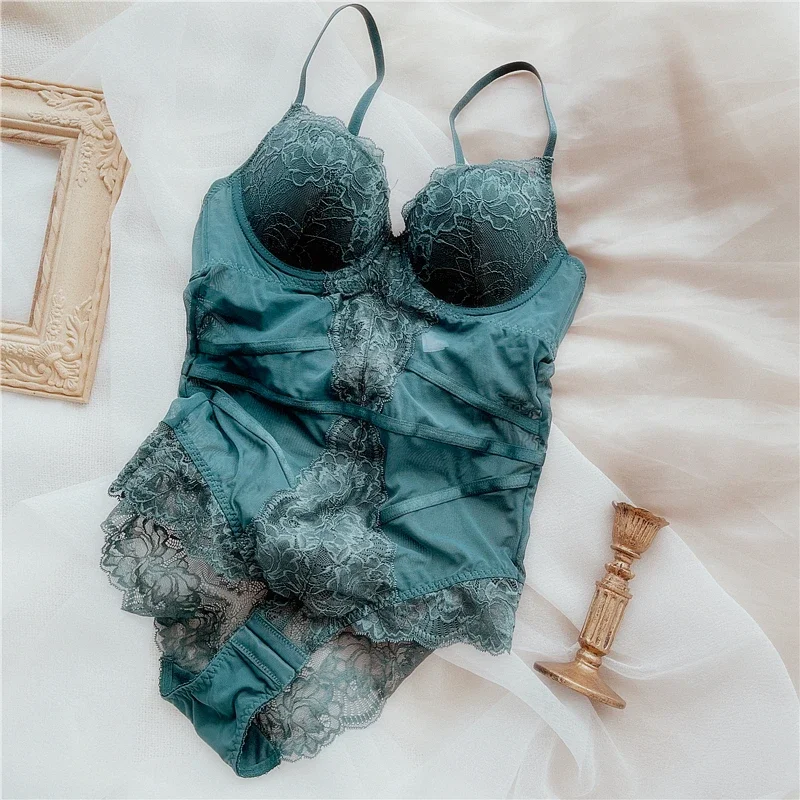 Young ladies underwear gathered thickening bra sexy lace sling jumpsuit transparent hollowed out self-cultivation bodysuit