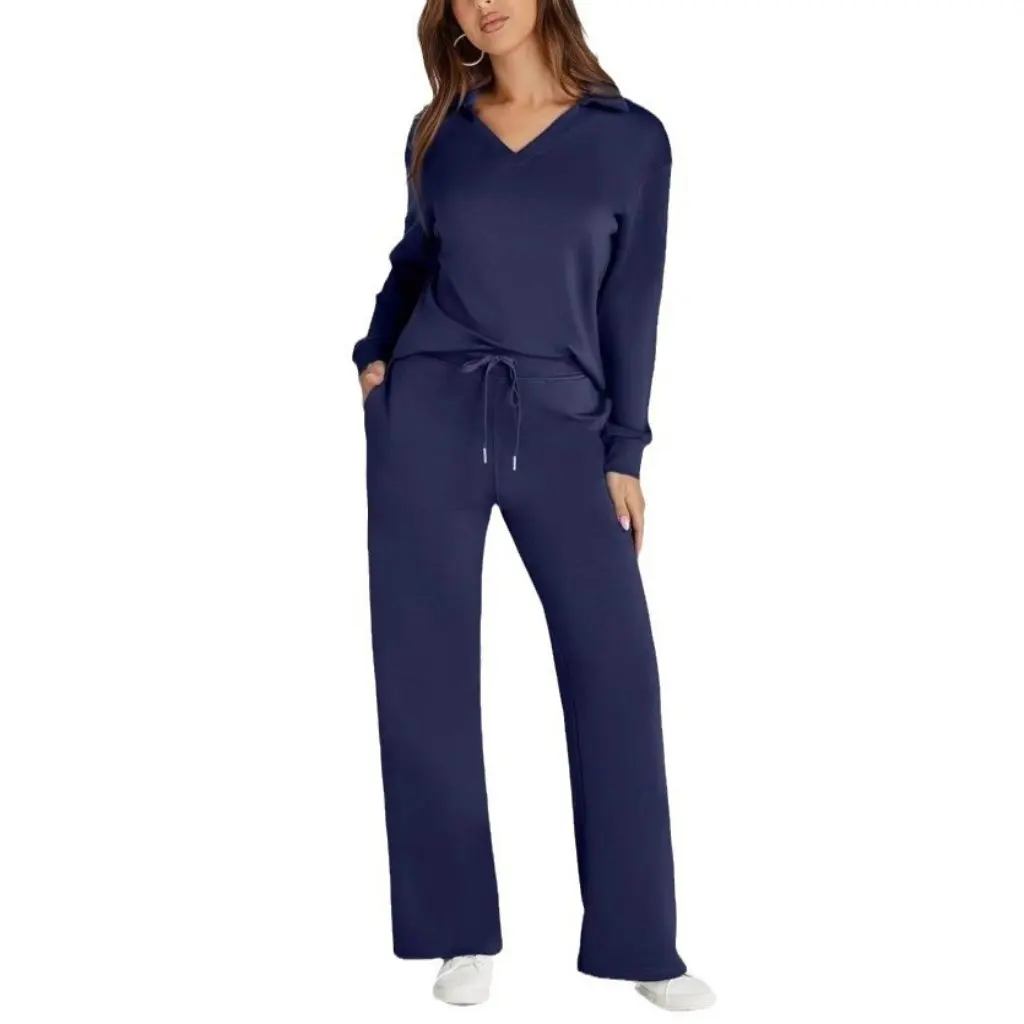 

Independent Station Women's Loose V-neck Long Sleeve Top with Drawstring Two-piece Set Casual Waist Trousers