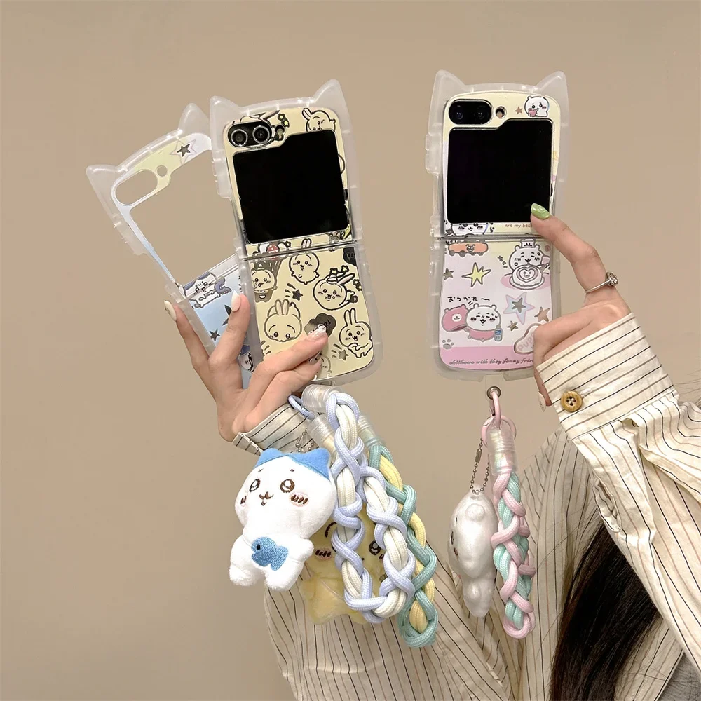 Cartoon Cute U-usagi H-hachiware with Lanyard 3D Ear Cat Phone Case for Samsung Galaxy Z Flip 3 4 Z Flip 5 6 5G PC Back Cover