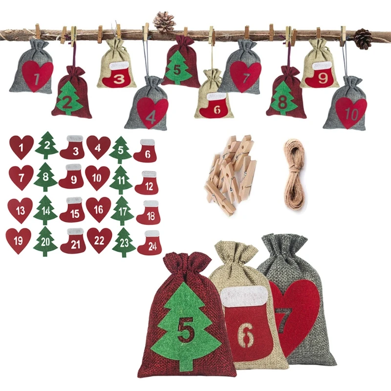 

24 Sets Christmas Advent Calendar Drawstring Bags with Felt Heart Tree Sock Stickers Wooden Clips Ropes Hanging Countdown Candy