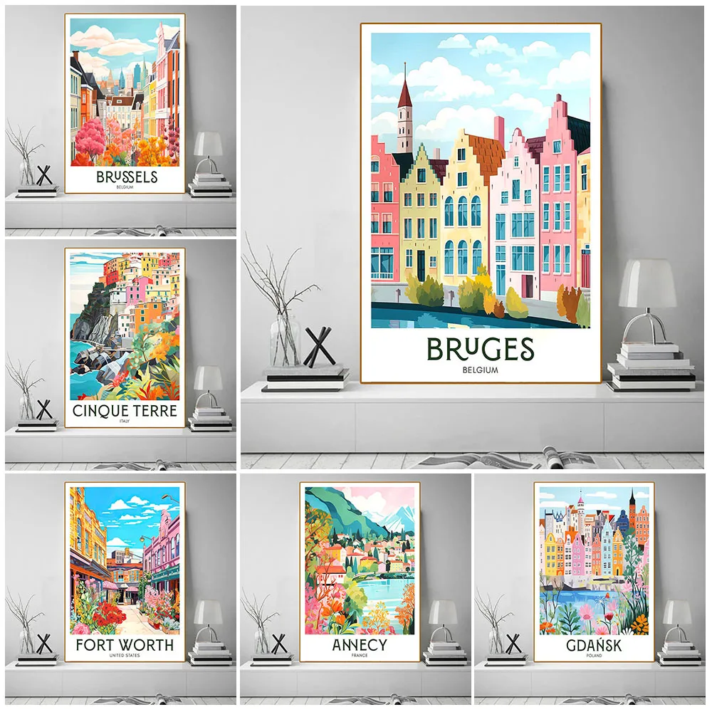 

Maximalist Home Decor Vintage Europe Cities Travel Art Poster Print,Colorful Travel Wall Art,Bruges,Gdansk,Havana Canvas Print