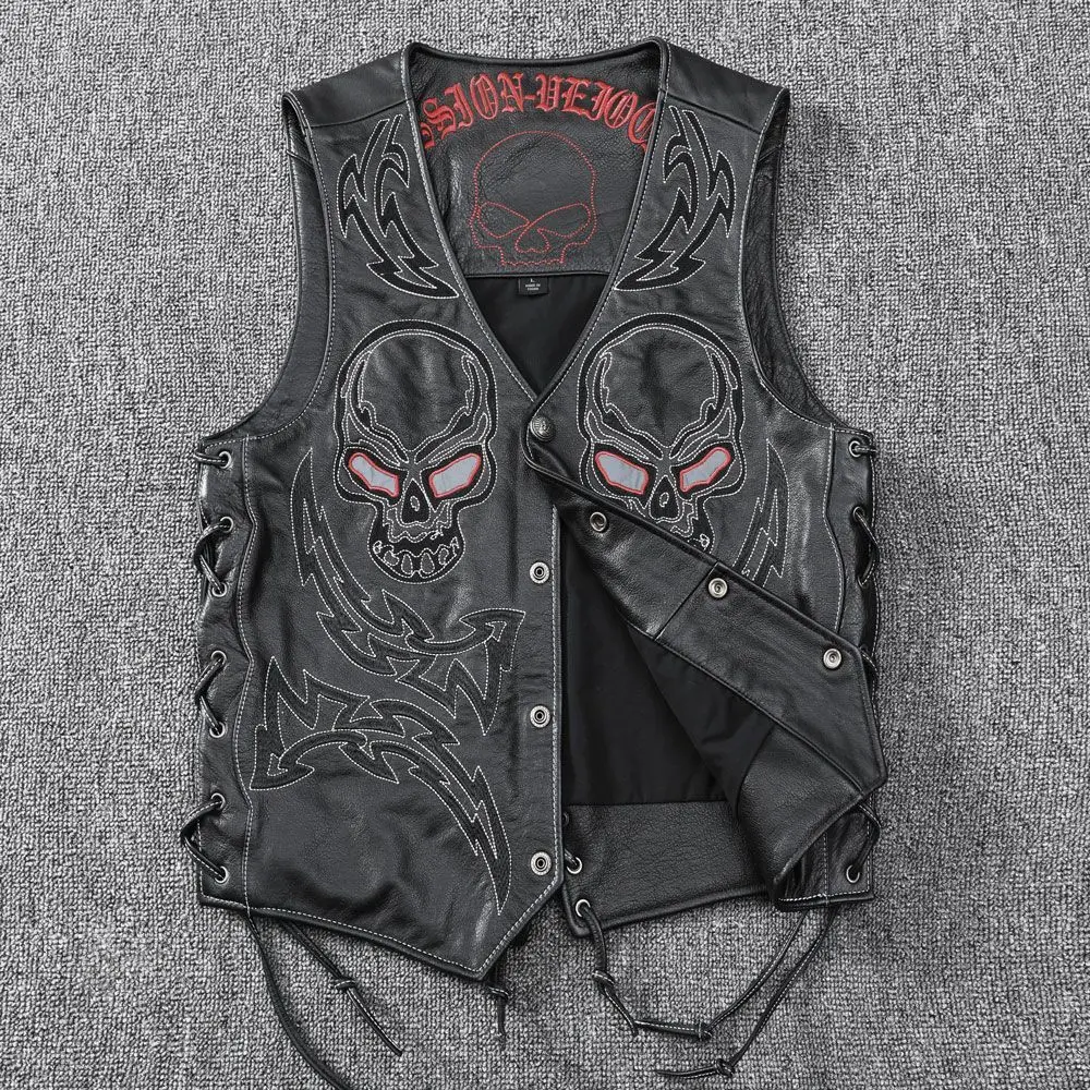 Black Four Seasons Leather Vest Men Plus Size 4XL Genuine Natural Cowhide Skull Embroidery Pattern Single Breasted Vest