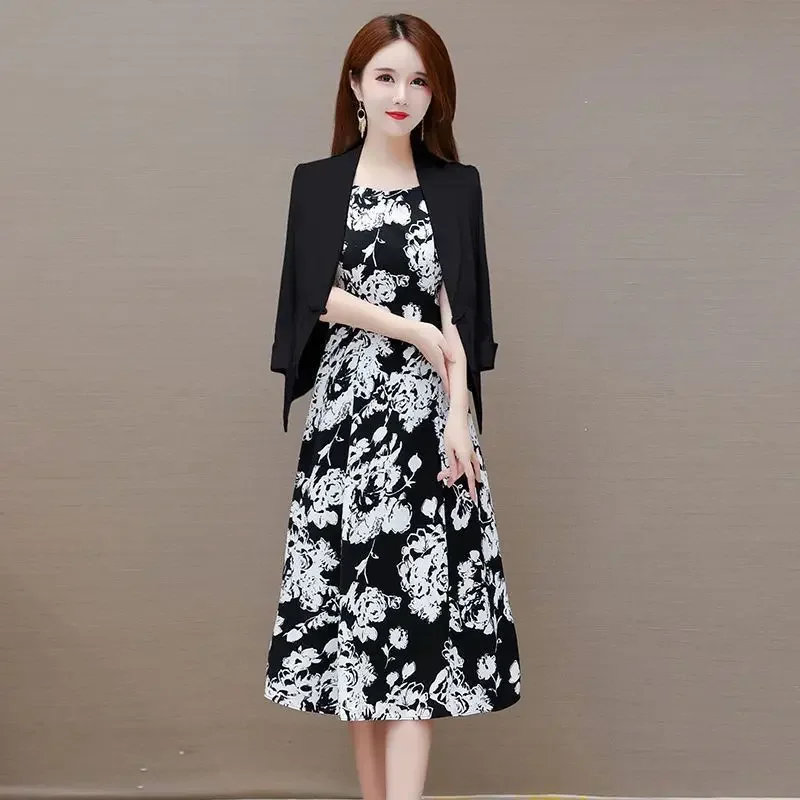 Women\'s 2024 Spring/Summer New In Matching Set Korean Elegant Thin Suit Coat+floral Dress Two-piece Female Professional Wear